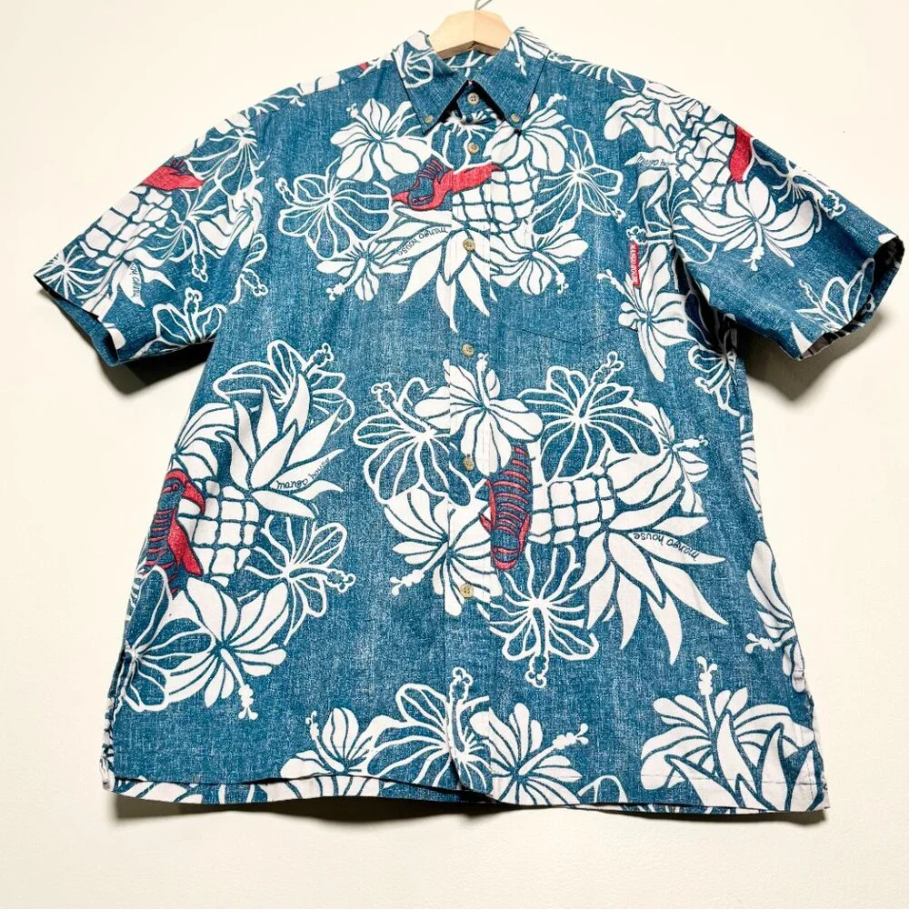 RARE Mango House Okinawa Floral Print Cotton Button Down Short Sleeve Shirt Sz L